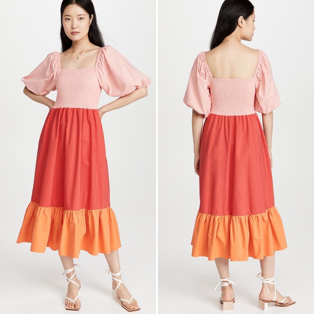 RHODE Eloise Smock Bodice Cotton Maxi Dress Size XS Pink Red Orange Tiered Chic
